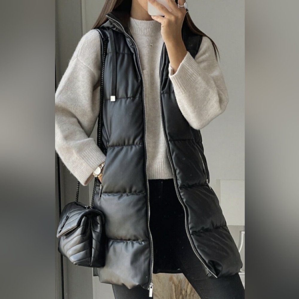 NEW Zara Women's Small Black Faux Leather 3/4 Long Midi Hooded Puffer Vest
